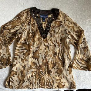 Susan Graver Style Tiger-Cheetah Print Long Sleeve Tunic Top w/Jeweled Neck Sz S